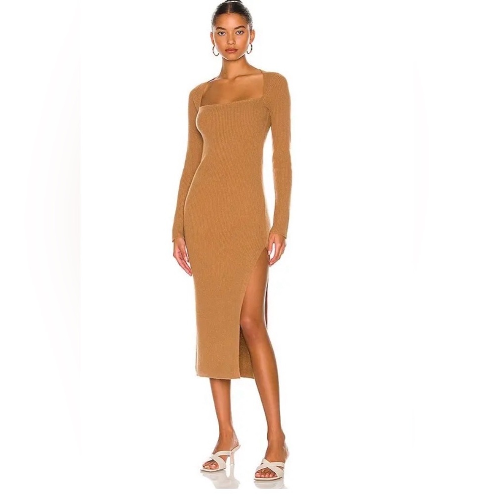 REVOLVE The Sei Square Neck MIDI Dress Tan Brown Ribbed Long Sleeve